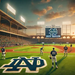 A professional baseball stadium at sunset with Notre Dame branding in the outfield, featuring players warming up on the field, lush green grass, a vibrant crowd in the stands, and a scoreboard displaying "2025 Season.